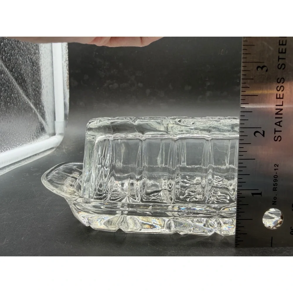 Vintage Clear Pressed Glass Butter Dish with Lid Starburst Pattern Rectangular